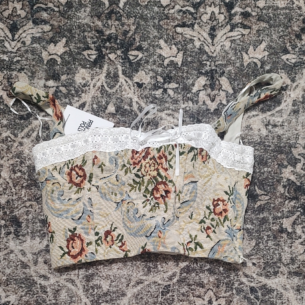 Princess Polly Floral Crop Top - Cream and Blue